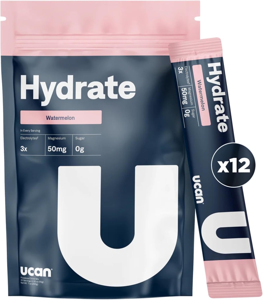 UCAN Hydrate Electrolyte Drink Mix (Watermelon, 12 Stickpacks) bez cukru, Keto-Friendly, Vegan, Non-GMO, Gluten-Free Electrolyte prášok s draslíkom a horčíkom pre bežcov a športovcov