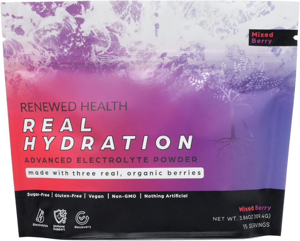 Skutočná hydratácia - Organické ovocie-Based Electrolyte Mix - Vyrobené s organickým ovocím a ružovou soľou - Zero Cukor & Vegan - Hydratácia, Immune & Recovery Podpora (15 Servings, Mixed Berry)