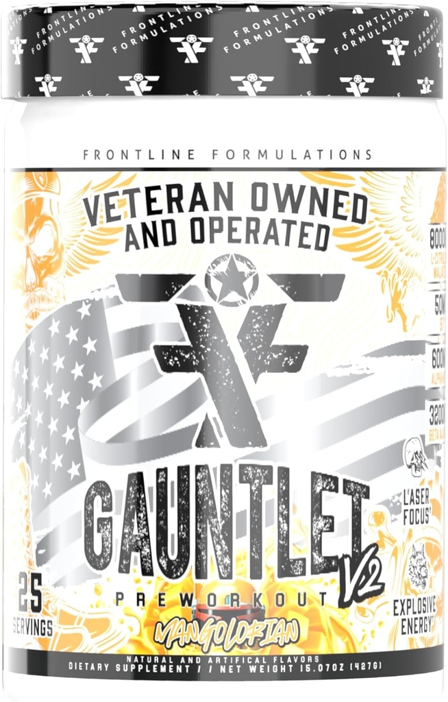 Gauntlet Powder pre-Workout, Výbušné cvičenia, Laser Focus, Mid Stim, Amazing Flavor, veterán vlastní a operovaný (25 slúži, Mangolorian)