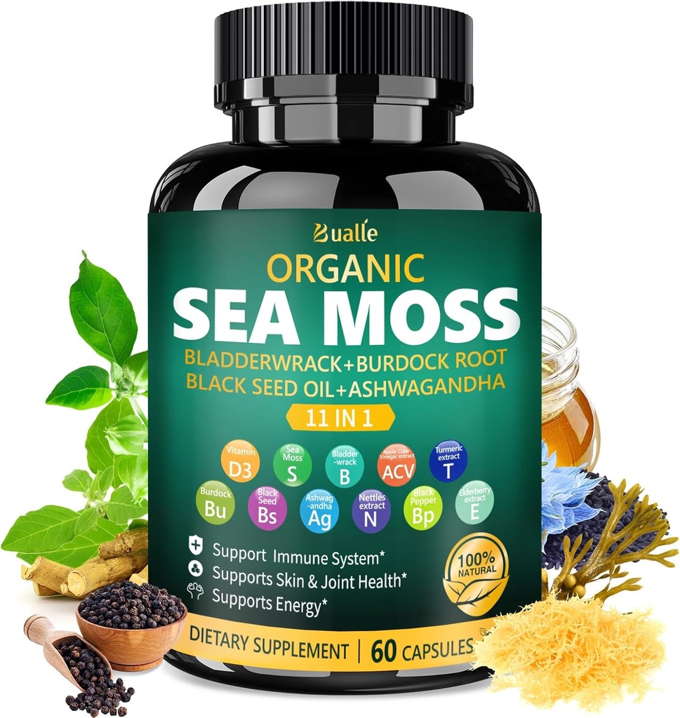Bualle Organic Sea Moss Kapsule s olejom z čiernych semien, Ashwagandha, Bladderwrack, Ginger & Burdock Root 