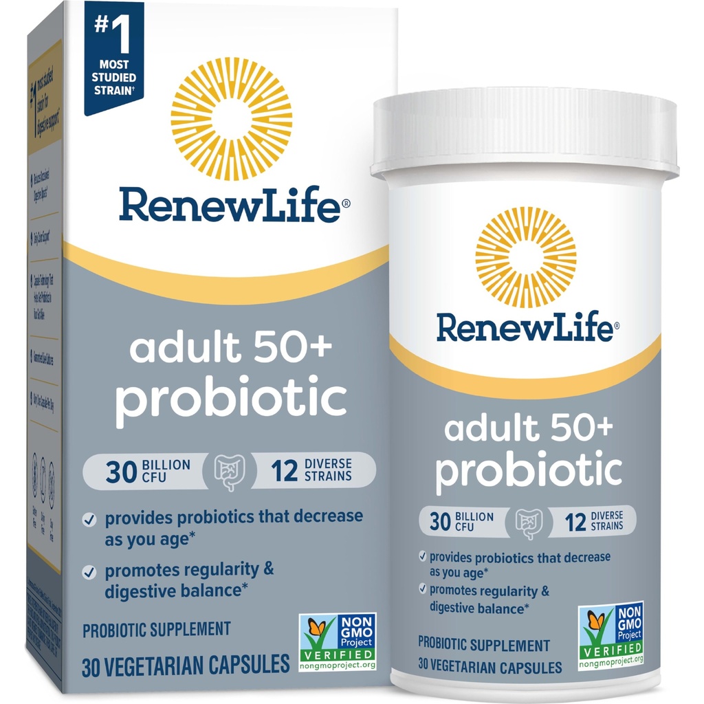 Renew Life Probiotic Adult 50 Plus Probiotické Kapsule, Daily Supplement Supports Urinary, Digestive and Immune Health, L. Rhamnosus GG, Dairy, Soy and glutton-free, 30 miliárd CFU, 30 Počet