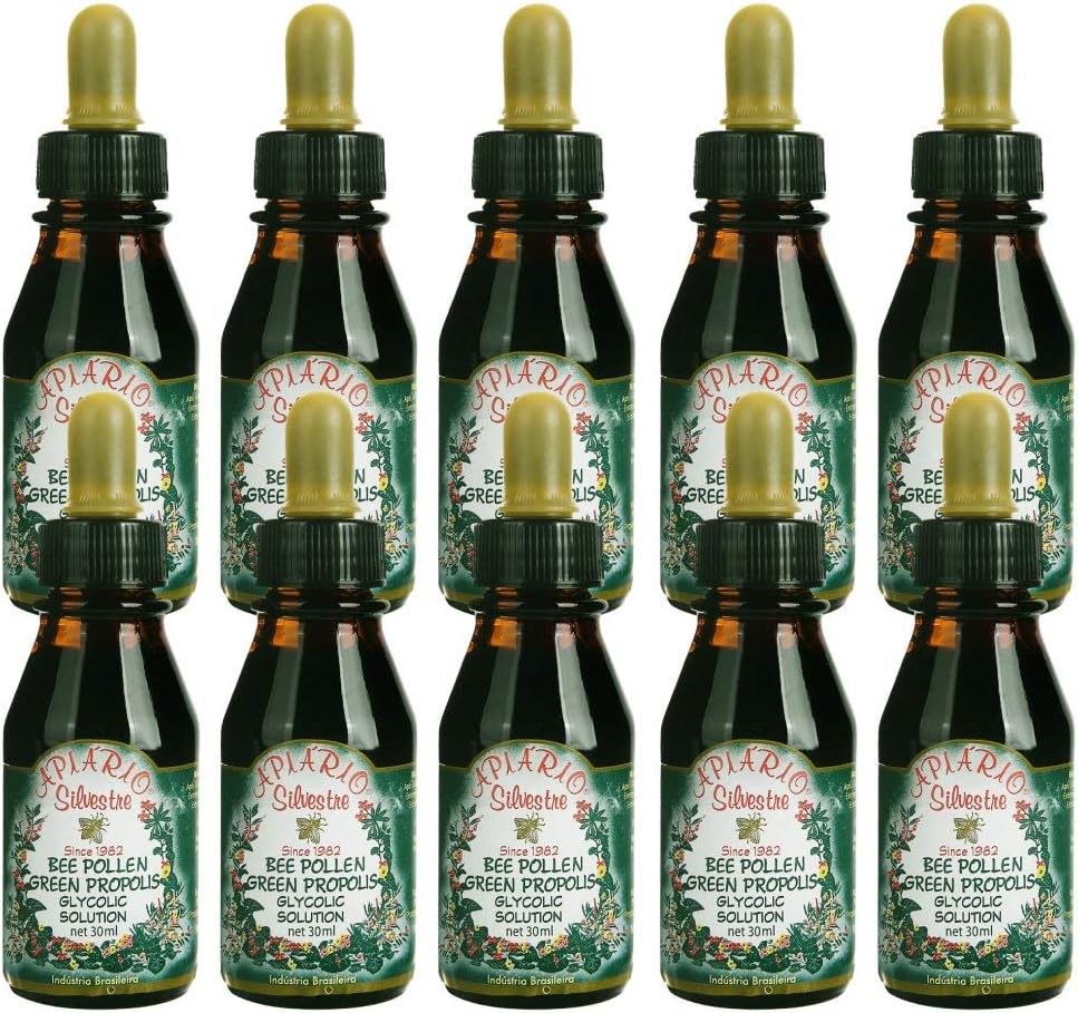 Oficiálny distribútor - 10 fliaš Apiario Silvestre Bee Pollen & Brazil Green Bee Propolis Liquid - Glycolic Extract-non Alkoholické, bez voskov, bez cukru