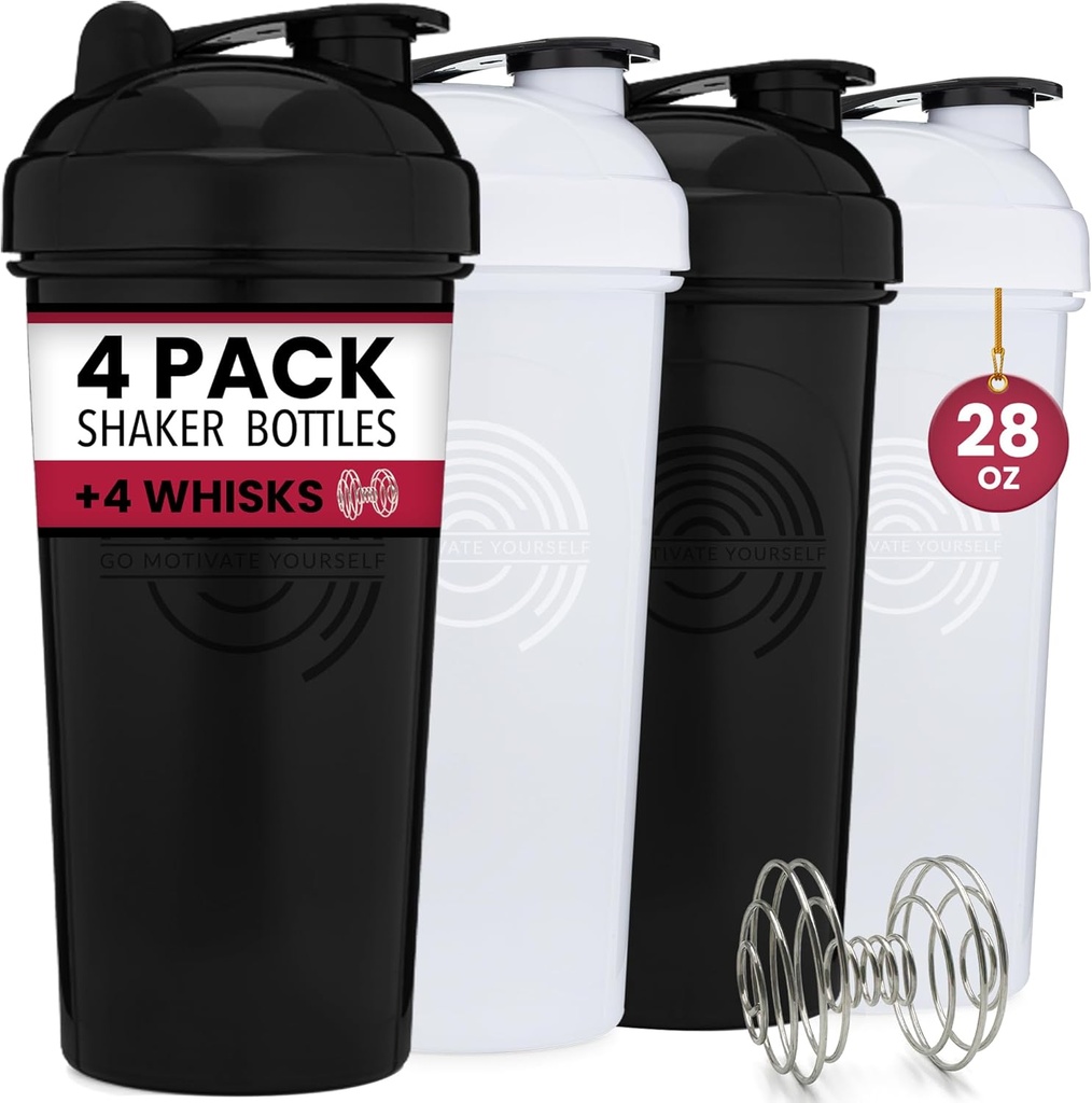 GOMOYO 4-Pack - 28 Ounce Protein Shaker fľaša pre zmesi, 4xWire Whisk, Leak dôkaz hromadný doplnok zmesi a pred cvičením Shaker poháre, umývačka riadu bezpečné & BPA zadarmo, čierne a biele