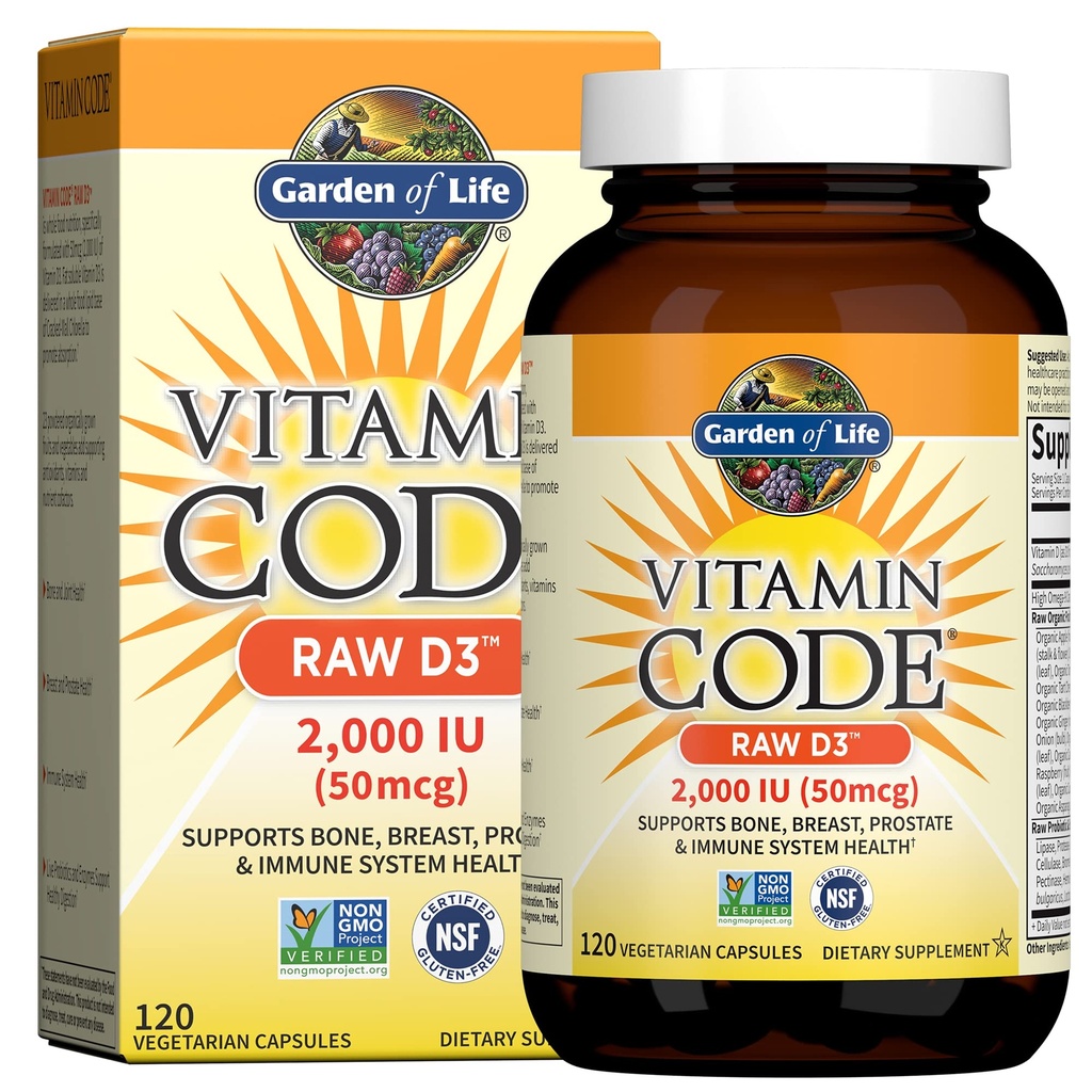 Vitamín D v záhrade života, vitamínový kód D3, vitamín D 2 000 IU, surové celé jedlo D3 doplnky s chlórella, ovocie, zelenina a probiotiká pre zdravie kostí a imunity, 120 vegetariánskych kapsúl