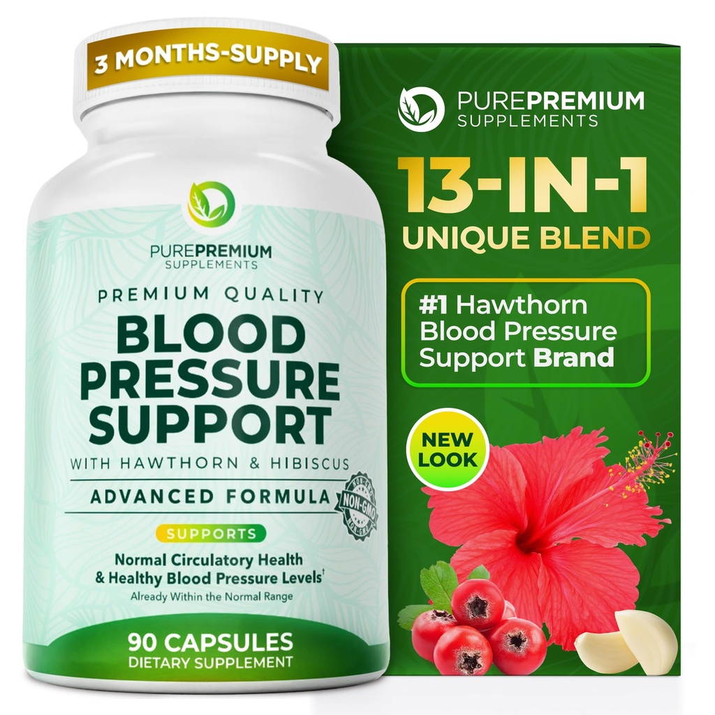 PurePremium Krvný tlak Doplnky s Hawthorn Berry, Hibiscus, Cesnak a vitamín B12- Oxid dusnatý Doplnkové pre normálne zdravie srdca, Obehové zdravie a podpora krvného tlaku - 90 ct