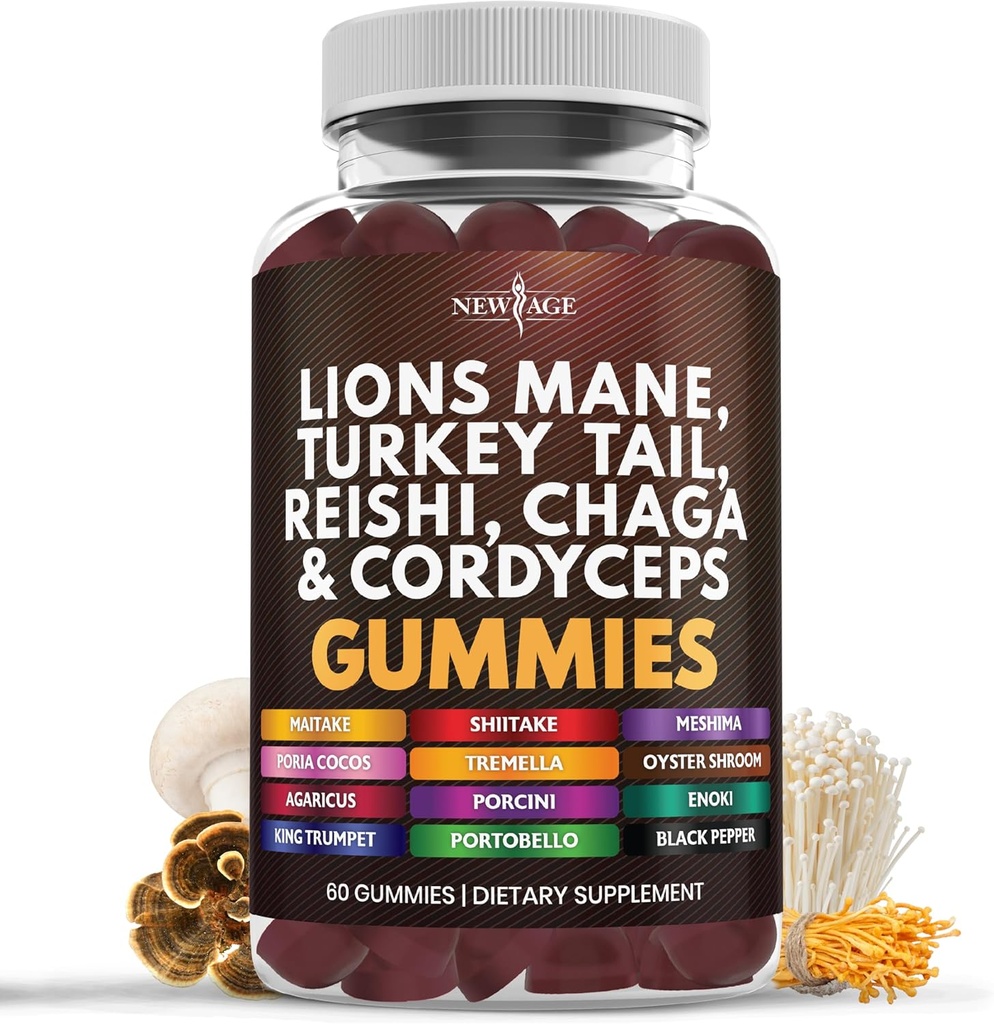 NOVÁ VEK Hnev Lion's Mane Supplement Gummy - Hubové doplnky s Reishi, Cordyceps - 60 Počet