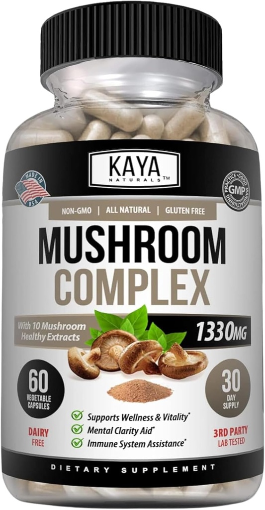 Kaya Naturals Premium Mushroom Complex Potent - Mushroom Complex Kapsule 1330mg Per Serving - Aids Mental Clarity Supports Immune System, Wellness & Vitality - 60 Gróf