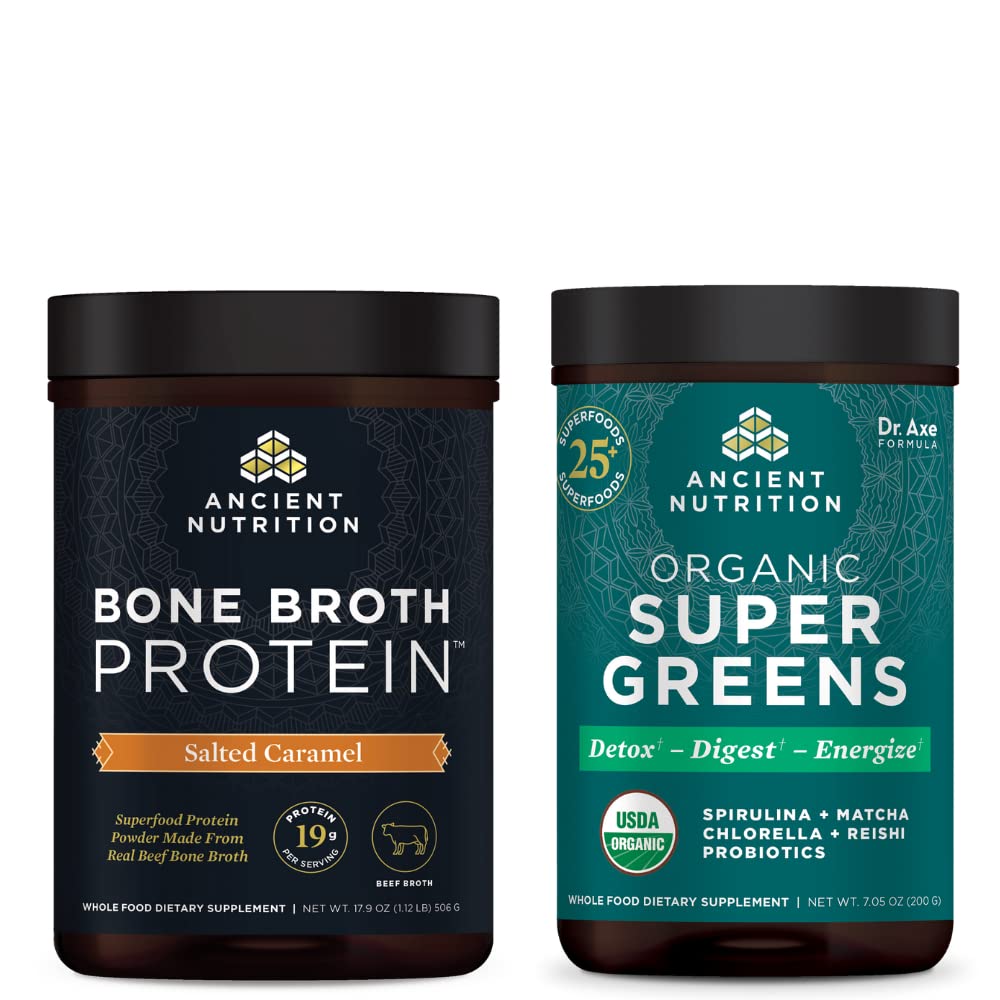 Staroveká výživa Bone Brot Protein Powder, Saled Caramel, 20 Servings + Organic Supergreens Powder, Zelená chuť, 25 Servírovanie