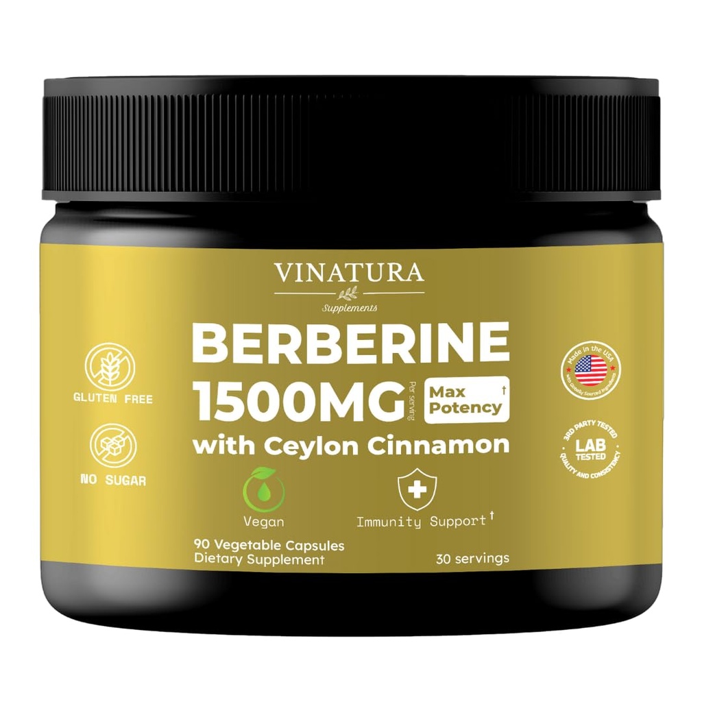 VINATURA Berberine 1500mg - Berberine Supplement with Ceylon škorica, Max Potency Berberine HCL - 90 Kapsule