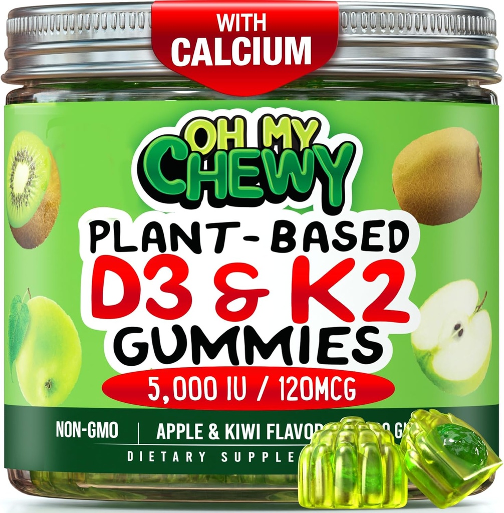 Vitamín D3 K2 Gummy - Deti, dospievajúci a dospelí - Doplnok pre zdravé zuby, kosti, energiu a imunitu - 5000 IU D3, 120 mcg K2 (MK-7), 120 mg vápnika - Vegan a non-GMO - 60 Počet