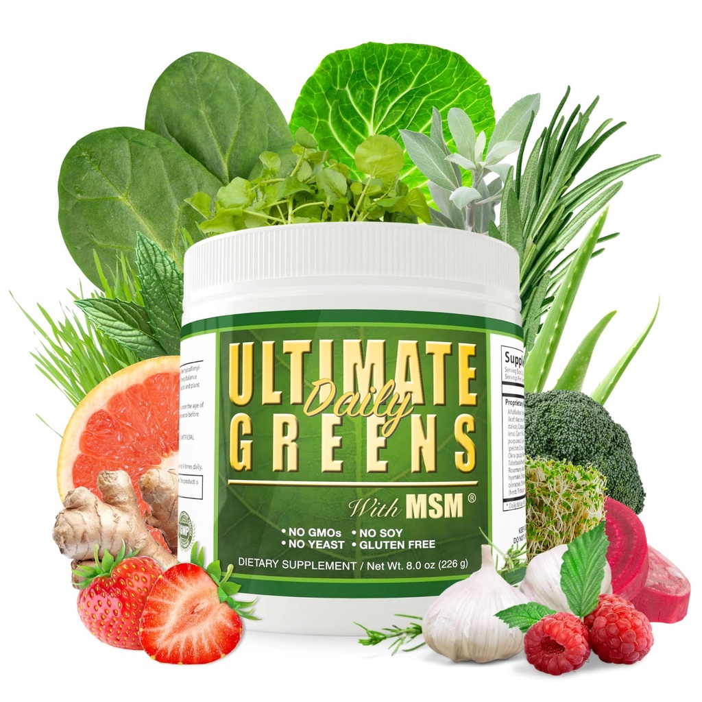 Denné zdravie, Ultimate Greens s MSM Powder, Vegan Friendly Natural Ingredients Gluten Soy Free NO GMO Superfood Zeleninový výživový nápoj Alkalická energia 8oz 1 Balenie (1 mesiac dodávky)