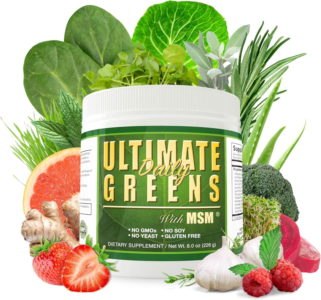 Denné zdravie, Ultimate Greens s MSM Powder, Vegan Friendly Natural Ingredients Gluten Soy Free NO GMO Superfood Zeleninová výživa Nápoj Alkalická energia 8oz 1 Balenie (1 mesiac dodávky)