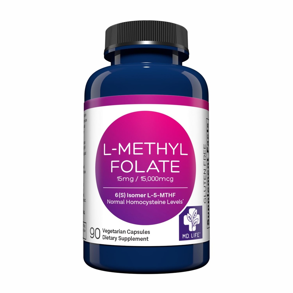MD Life L-metylfolate 15 mg Supplement - Profesional-Grade Active Lmetylfolate Supplement - 90 Kapsule - L-Metylfolát 15mg - Maximum Potency MTHFR w/Essential Amino Acides