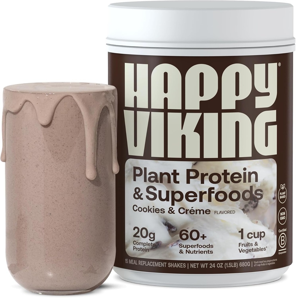 Happy Viking Cookies and Cream Plant Protein Powder, Created by Venus Williams, 20G Protein, Low Carb, Keto, Vegan, Gluten-Free, Non-GMO, Superfoods, Kompletná náhrada stravy, 1 kanister