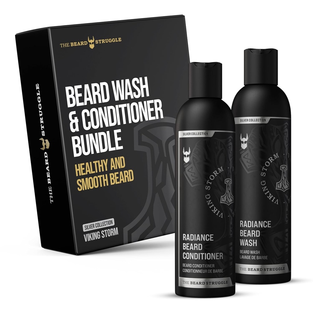 Medvedí boj - medvedí bradavice umývacie a kondicionér Bundle - strieborná kolekcia - balenie 2, Viking búrka - výživný, čistiť, zjemňuje, a posilňuje brada - brada umývanie a kondicionér pre mužov