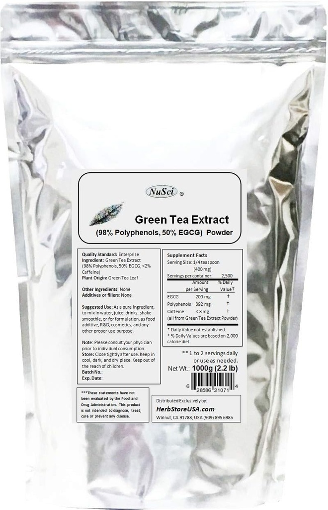 Zelený čaj extrakt hromadný prášok Štandardizovaný 98% Polyfenoly a 50% EGCG GMO voľný non-Ir vyžarované (1000 gram (2,2 lb))