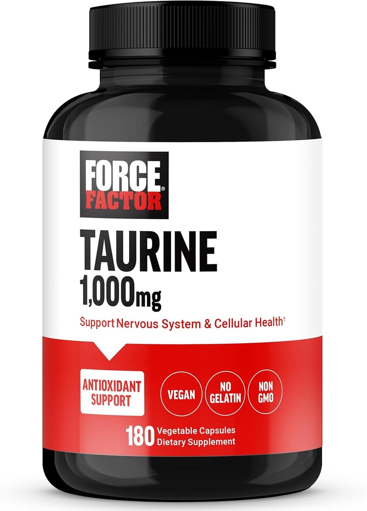 FORCE FACTOR Taurine Supplement, Taurine 500mg Capsules Antioxidant Supplement to Support Nervous System and Cellular Health, Vegan, No Gelatin, Non-GMO, 180 Vegetable Capsules