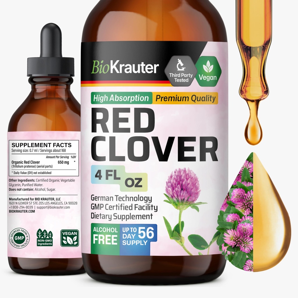 BIO KRAUTER Red Clover Tincture - Red Clover Extract - Liquid Supplement for Women's Support - Alkohol a cukor bez - Vegan kvapky 4 Fl.Oz.