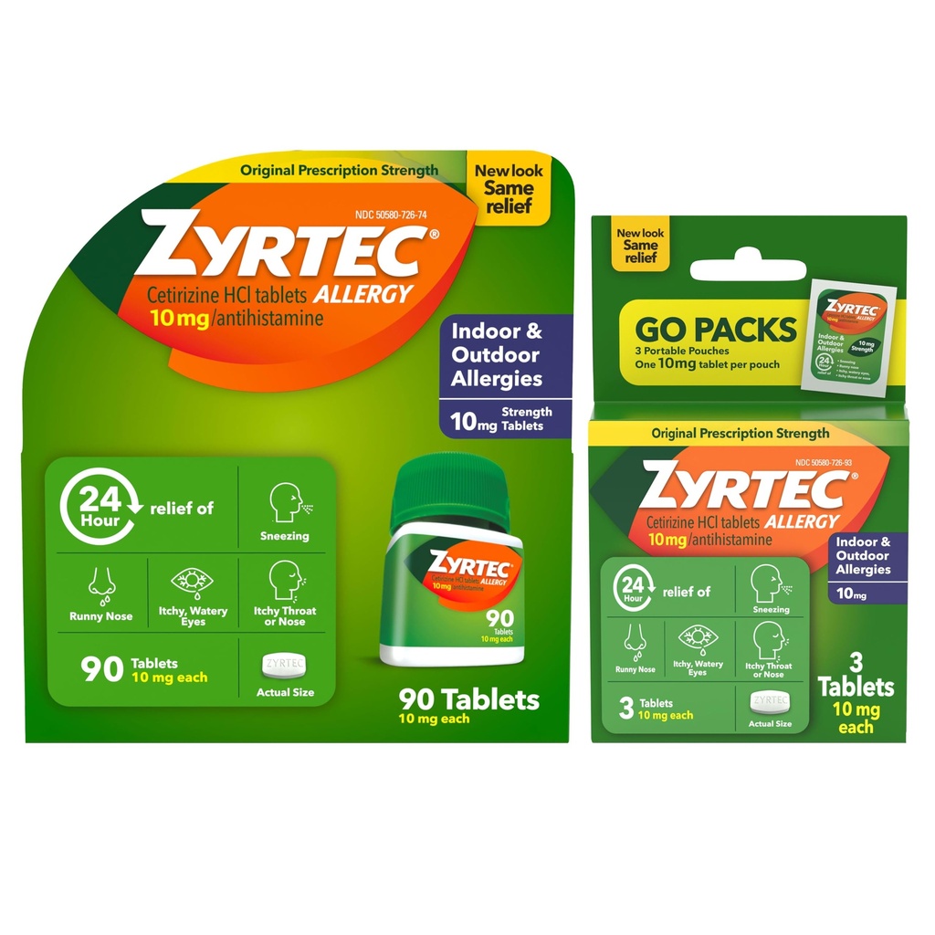 Zyrtec 24 hodín Tablety na zmiernenie alergie, Indoor & Outdoor Alergy Medicine s 10 mg cetirizínu Hydrochlorid Antihistaminika, Hodnota Bundle jednej, 90 ct Fľaša & Tri, 1 ct Cestovné balenia