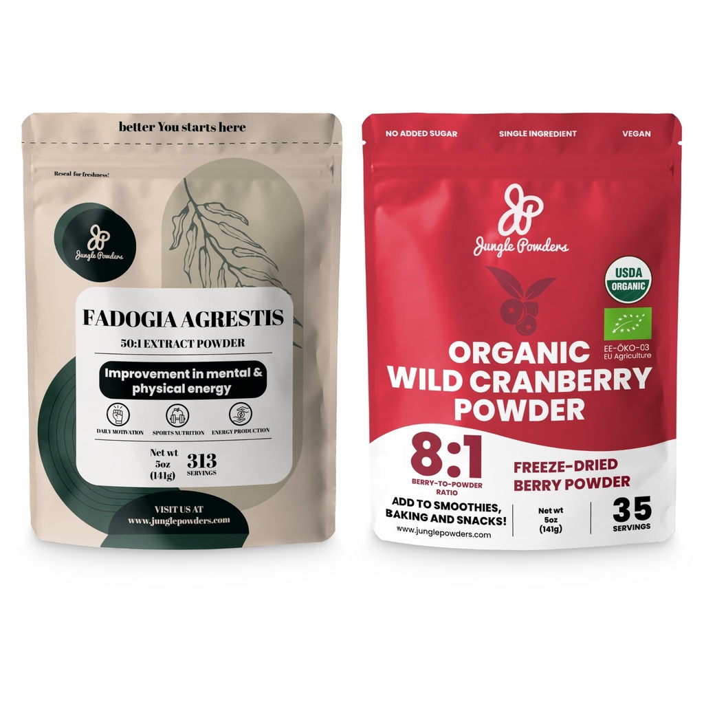 Jungle Powders Ultimate Men's Wellness Duo: 5oz Fadogia Agrestis Extract & 5oz Organic Wild Cranberry Powder - Nigéria Fadogia Supplement for Drive & Passion, USDA Certified Cranberry Superfood
