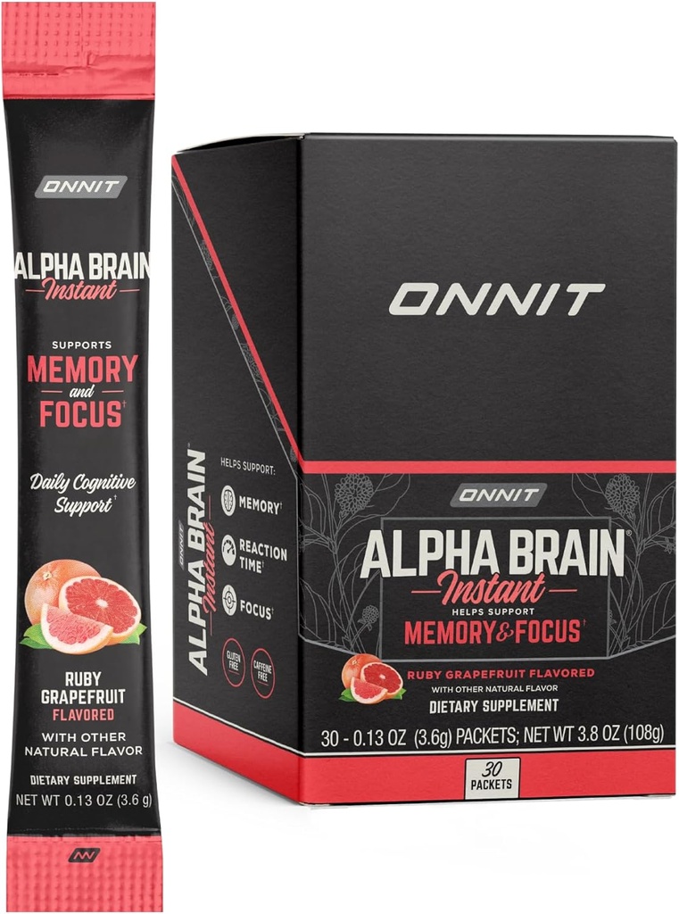 ONNIT Alpha Mozog Instant - Ruby Grapefruit Flavor - Nootropic Brain Booster Memory Supplement - Podpora mozgu pre zaostrenie, Energia a jasnosť - Alpha GPC Choline, Cats Claw, L-Theanine, Bacopa - 30ct