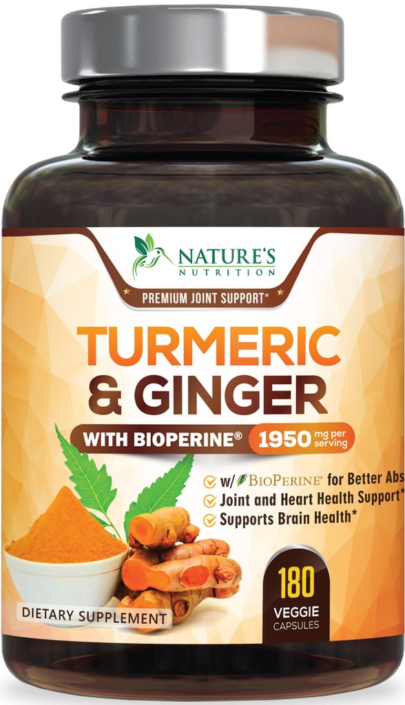 Turmeric Curcumin Supplement 1950mg - 95% Curcuminoids with Organic Turmeric & Ginger, BioPine Black Pepper for Best Absorbtion, Nature's Vegan Joint Support, Non-GMO, Bottled in USA - 180 Kapsule