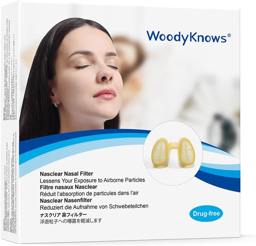 WoodyKnows Nasclear Nasal Filters, Model 2024, Sezónne alergie a pomoc pri priemyselnom znečisťovaní, Verejná doprava a ochrana zvierat pri úprave zovňajšku (skúška S/M/L/XL)