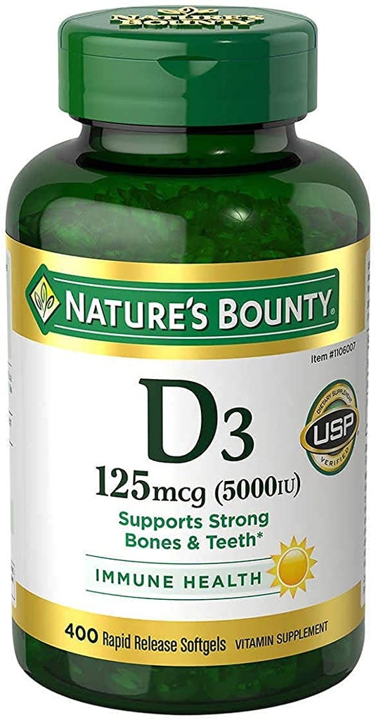 Prírodné Bounty Imunitné zdravie Vitamín D3 5000 iu, Rýchle vydanie 400 Softgels