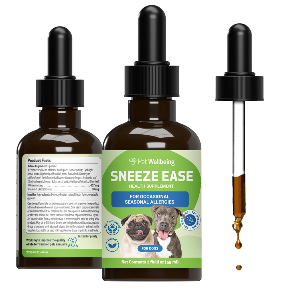 Pet Wellbeing Sneeze Ease for Psy - Príležitostné sipot, Sezónne alergie, Nos & Eye Discomfort, Eyebright, Nettles - Veterinarian-formulované bylinné doplnok 2 oz (59 ml)