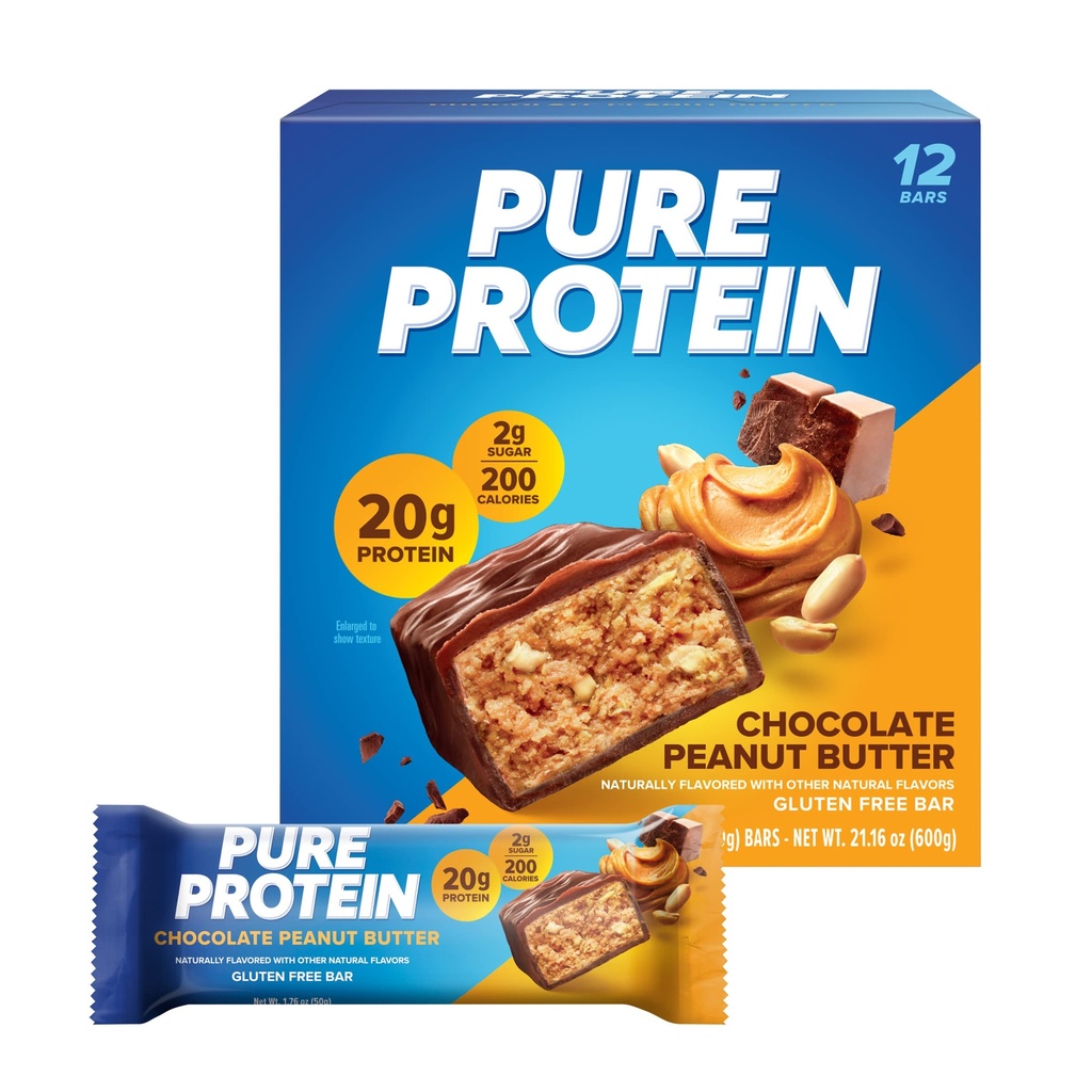 Čisté proteínové tyčinky, vysoký obsah bielkovín, výživné nánosy na podporu energie, nízky cukor, bezlepok, čokoládové arašidové maslo, 1.76oz, 12 grófov (Packaging May Vary)