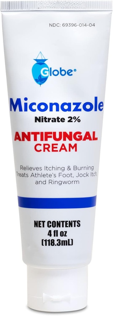 Globe Miconazole Nitrate 2% Topical Antifungal Cream (4 oz Tube) for Athlete’s Foot, Jock Itch, Ringworm Fast-Acting Relief - Extra Strength Formula for Itching, Irritation and Skin Protection