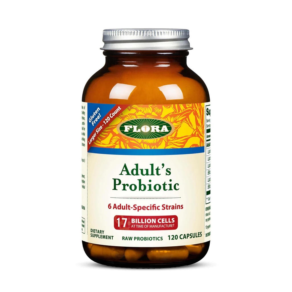 Flora - Probiotická zmes dospelých, šesť špecifických kmeňov dospelých, bez lepidla, Raw Probiotic so 17 miliardami buniek, 120 vegetariánskych kapsúl