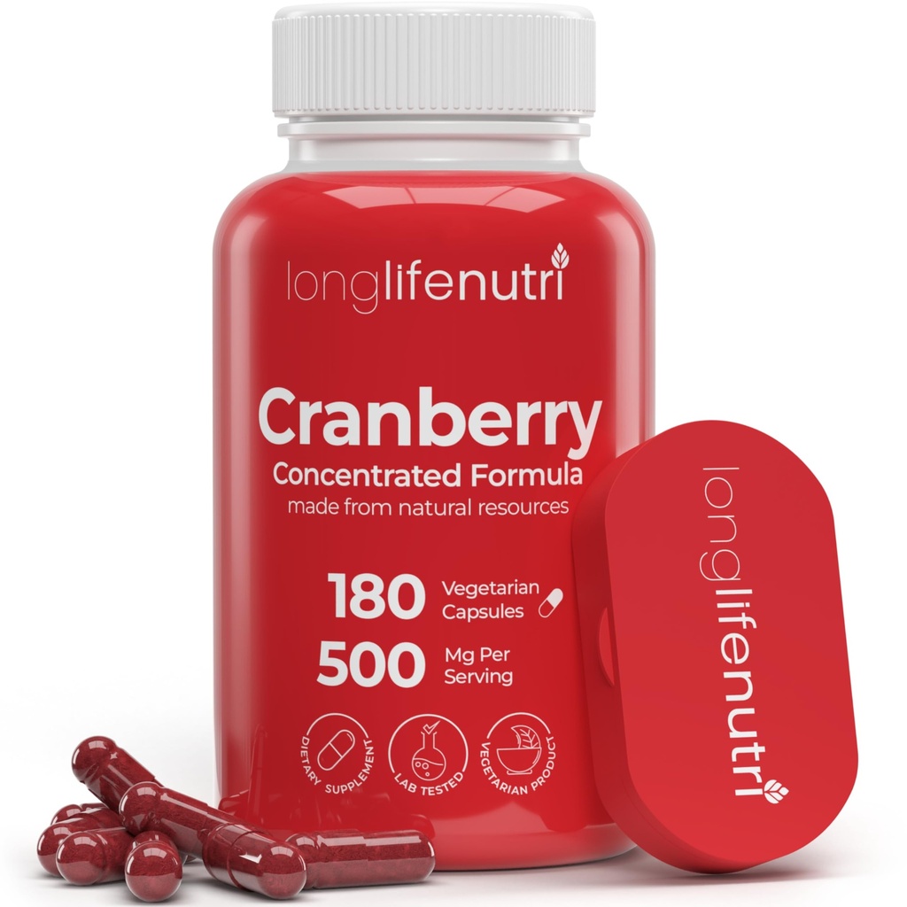 LongLifeNutri Cranberry extrakt s vitamínom C & E - Pure Concentrated Formula, 500mg per Serving, 180 Vegetariánske kapsule, močových ciest zdravie a močový mechúr, 6 mesiacov dodávky, Made in USA
