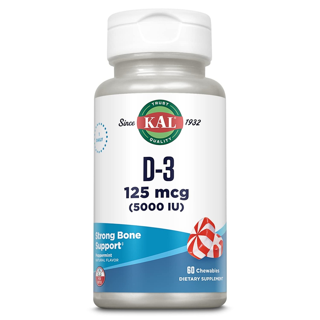 KAL vitamín D3 5000 IU 125 μg, vysoká potencia vitamín D žuvačky, vstrebávanie vápnika, zdravie kostí a imunitná podpora doplnok, prírodná mäta mäty, 60-dňová záruka, 60 porcií, 60 žuvačiek