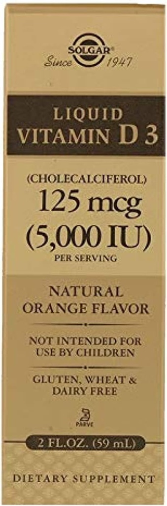 Solgar Tekutý vitamín D3 125 mcg (5 000 IU) - 2 fl oz - Delicious, Prírodná Orange chuť - Pomáha udržiavať zdravé kosti a zuby - Imunitný systém Podpora - Gluten Free, Dairy Free, Košer - 59 Servis