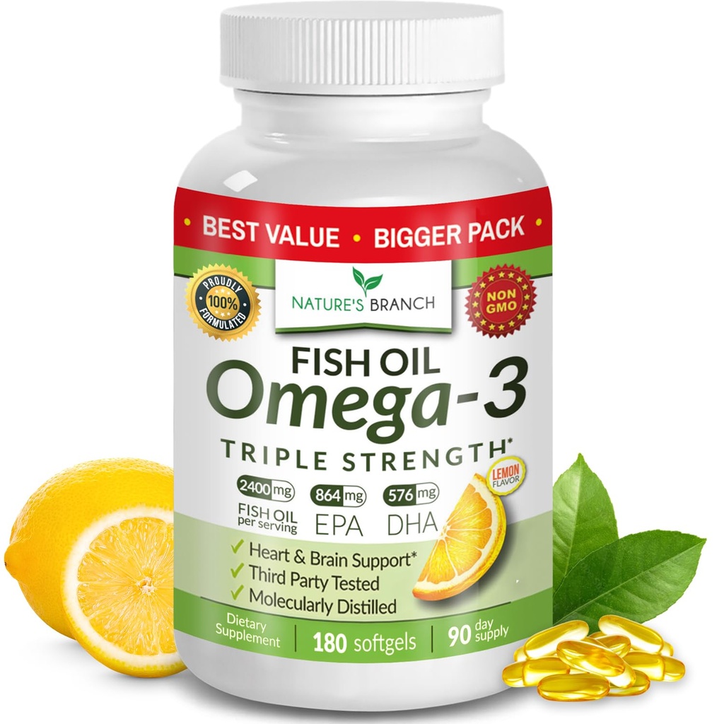 Najlepšie Triple Sila Omega 3 Fish Oil Pills - 180 Kapsule - 2400mg High Potency Burpless Lemon Flavor 864mg EPA 576mg DHA Ultra Pure Liquid Softgels for Brain Joints Eyes Heart Health Supplement