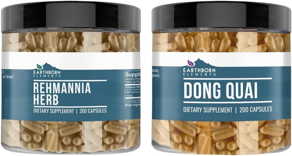 Elementy zrodené pozemšťanmi Rehmannia Herb and Dong Quai Bundle, 200 Kapsule Každá, čistá a neriedená, žiadne doplnkové látky