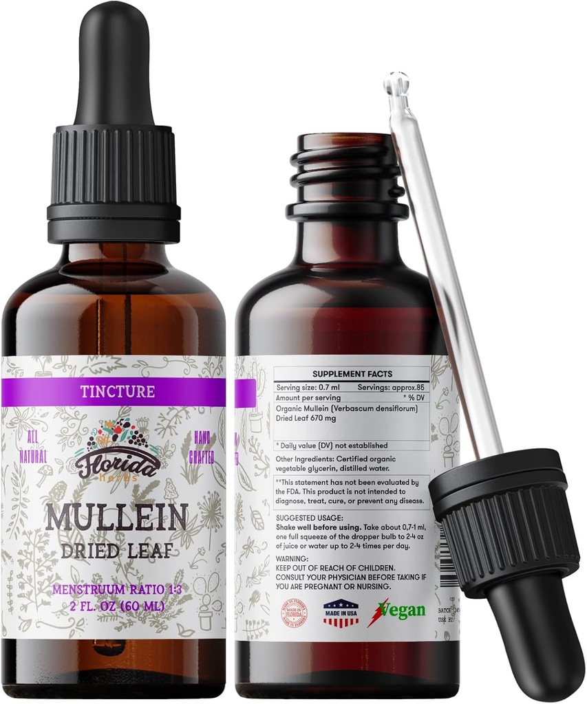 Mullein Tinture Extract, Organic Mullein (Verbascum densiflorum) Sušený Leaf Herbal Supplement in Cold-Pressed Rastlinný glycerín 670 mg