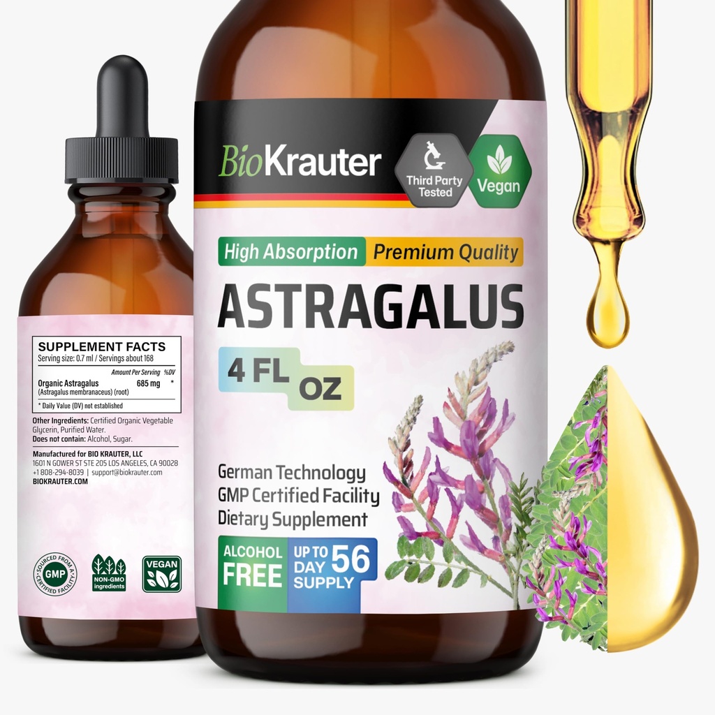 BIO KRAUTER Astragalus Tinktúra - Astragalus Root Extract for Immune Support - Alkohol a cukor - vysoká absorpcia - Vegan kvapky 4 Fl.Oz.