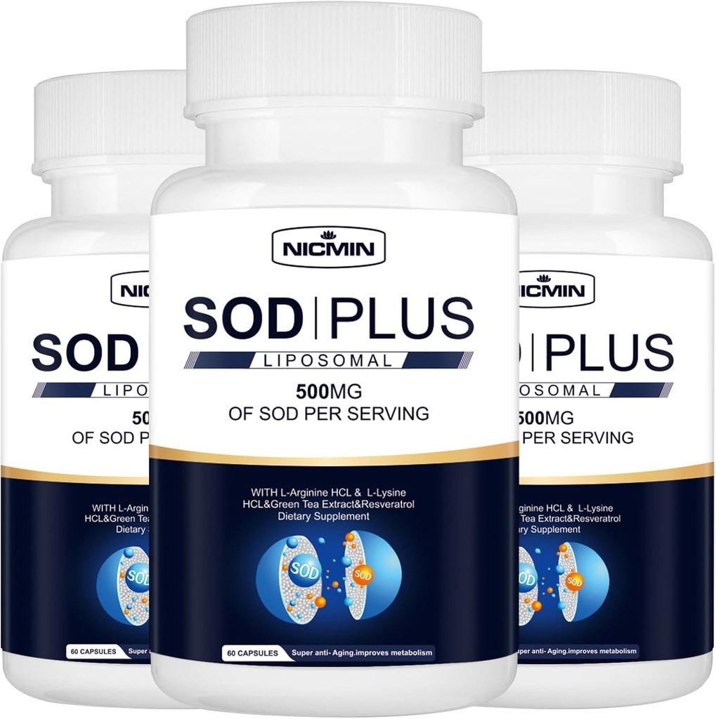 Superoxid Dismutáza Supplement 500mg - SOD Plus s Lipozomálnym glutatiónom, AKG, extraktom zo zeleného čaju, L-arginínom, Lyzínom, Resveratrolom a vitamínom E pre imunitnú podporu, Antioxidant 180 kapsúl