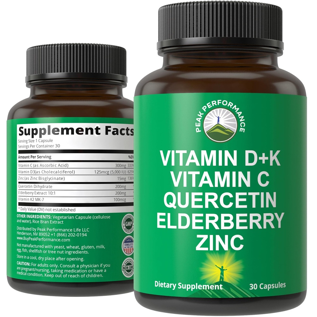 Imunitná podpora doplnok so 6 Top zložiek. Vitamín D3 K2 + vitamín C + plod + zinok + Quercetin. Obsahuje 5000 IU vitamínu D. Zinok 15 mg. Doplnky pre ženy a mužov