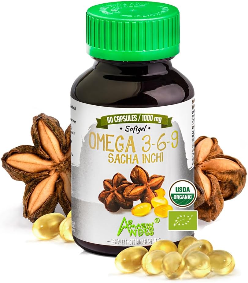 Andes Sacha Inchi kapsuly (Plukenetia volubilis) - Zdroj Omega 3, 6, 9 s esenciálnymi mastnými kyselinami - Odorless & Trvalo dostupné - Podpora funkcie mozgu - 60 Softgel Pills (1000mg)