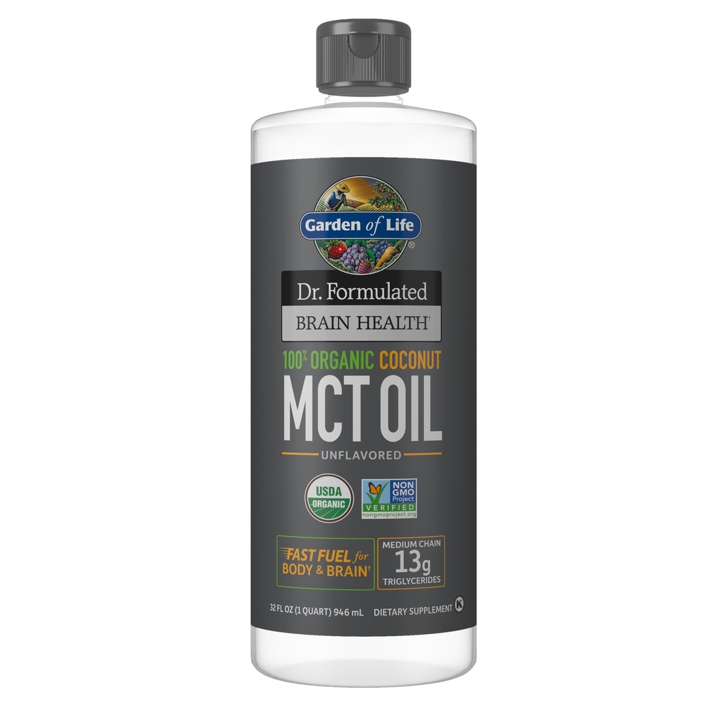 Záhrada života Dr. Formulated Brain Health 100% Organic Coconut MCT Oil 32 fl oz Unflavred, 13g MCTs, Body & Brain Fuel, Certified Non-GMO Vegan & Gluten Free, Hexane-Free