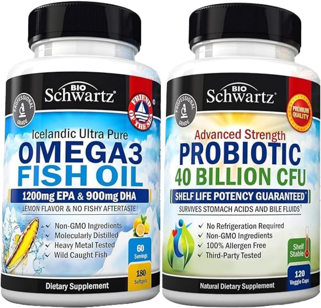 Trojitá sila Omega 3 Rybí olej Softgels (2 mesiace dodávky) Plus 40 miliárd CFU denne Probiotické doplnok (2 mesiace dodávky)