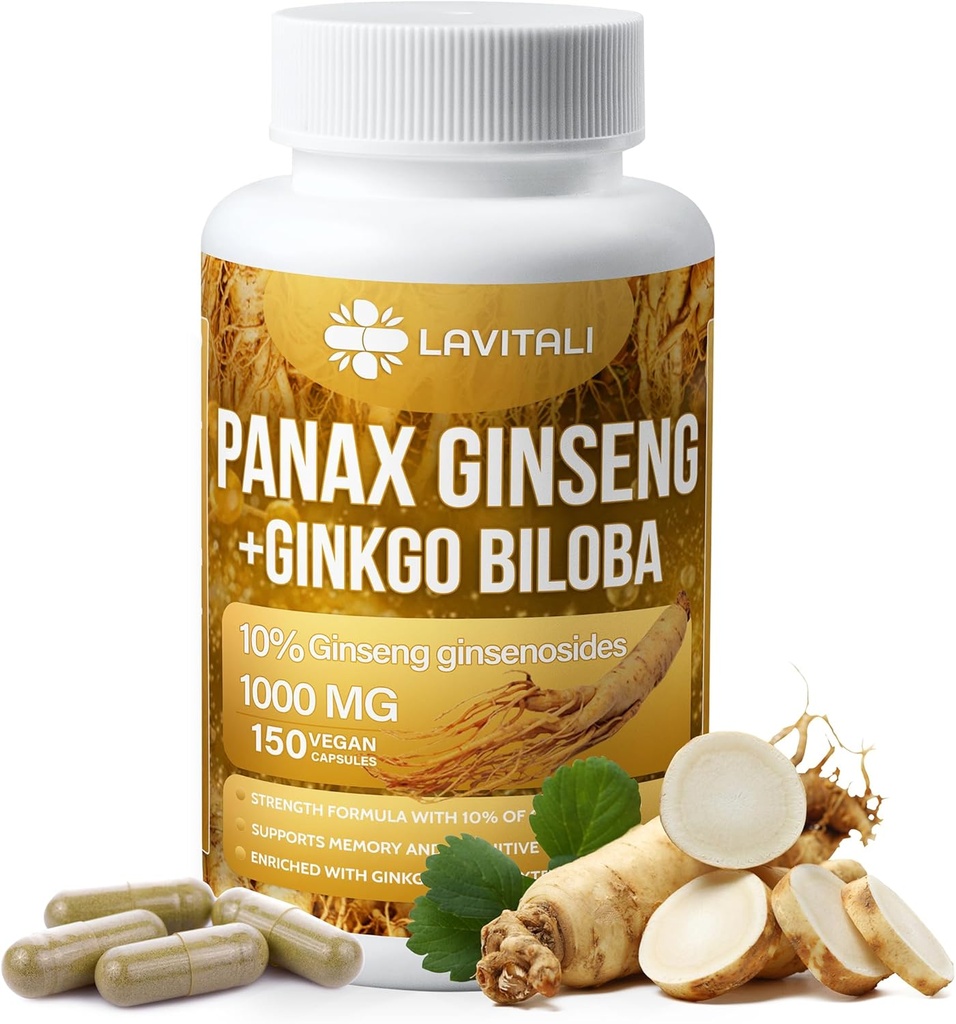 Ginseng & Ginkgo Biloba 150 Veggie Kapsule, Energy Ginseng Root Extract Powder, s Ginkgo Biloba Extract, 100% Natural & Non-GMO, Vegan, Gluten Free, Dairy Free