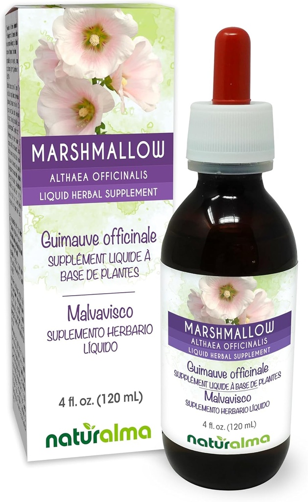 Naturalma Marshmallow (Althaea officinalis) Root Alkohol-Free Tinture - 4 fl oz Tekutý extrakt v kvapkách - Bylinné doplnky - Vegan