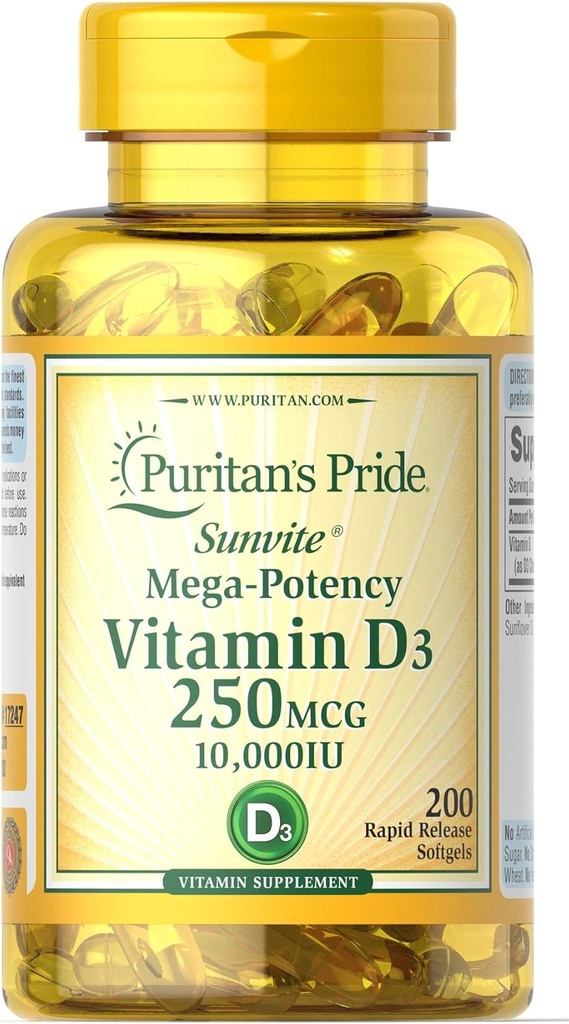 Puritánska pýcha Vitamín D3 250 μg (10 000 IU) Softgels, 200 Počet
