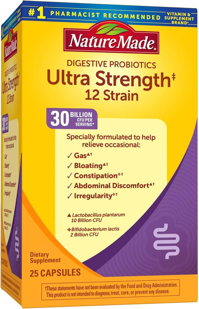 Nature Made Ultra Strength 12 kmeň Digestívne probiotiká, Probiotiká pre ženy a mužov, 25 Probiotické kapsule, 25 dní dodávky