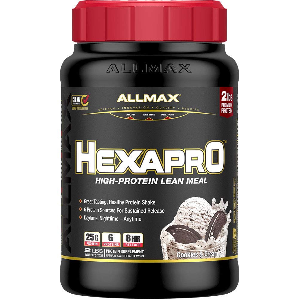 ALLMAX HEXAPRO, Cookies & Cream - 2 lb - 25 gramov proteínu na jedno použitie - 8-hodinové trvalé uvoľnenie - nula cukru - 21 porcií