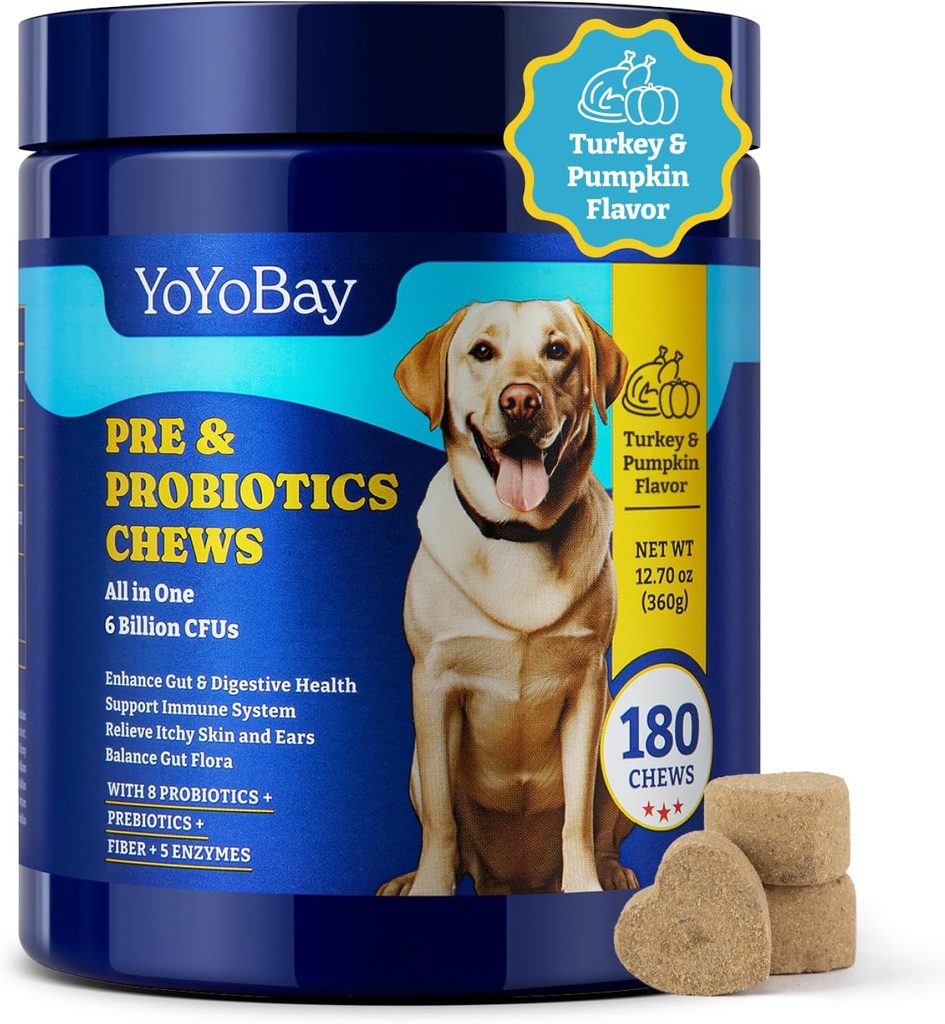 Probiotiká pre psy - 6 miliárd CFU, psie probiotiká s prebiotikami a tráviacimi enzýmami pre Gut, Immune & Skin Health - Turkey & Pumpkin Flavor, 180 Mäkké žuvačky